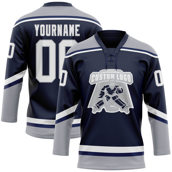 Custom Navy White-Gray Hockey Lace Neck Jersey