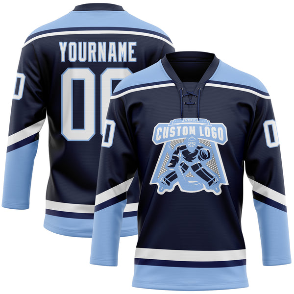 Custom Navy White-Light Blue Hockey Lace Neck Jersey