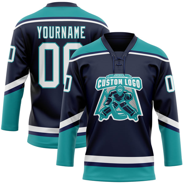 Custom Navy White-Teal Hockey Lace Neck Jersey