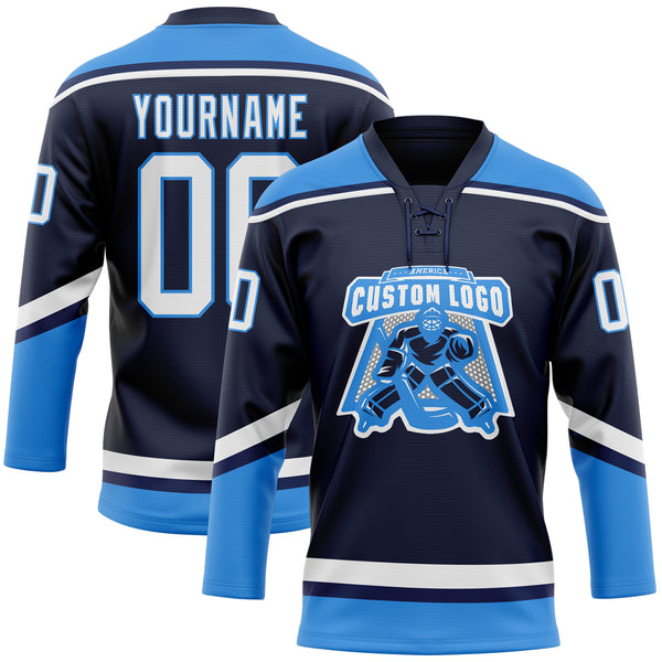 Custom Navy White-Electric Blue Hockey Lace Neck Jersey