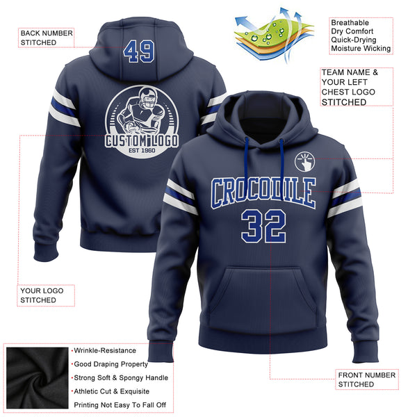 Custom Stitched Navy Royal-White Football Pullover Sweatshirt Hoodie