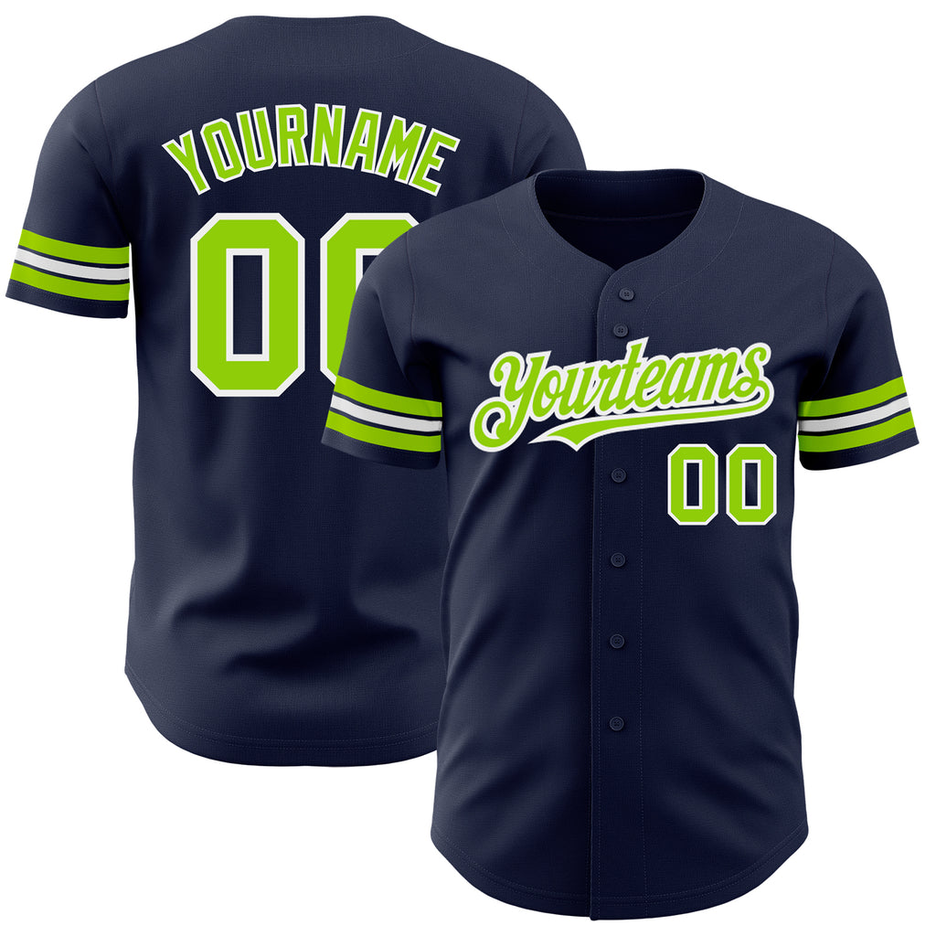 Custom Navy Neon Green-White Authentic Baseball Jersey