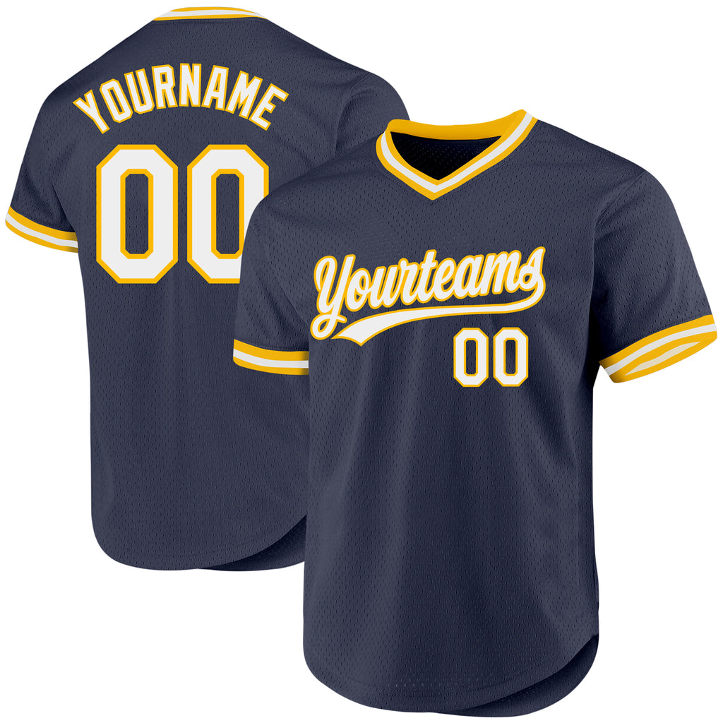 Custom Navy White-Gold Authentic Throwback Baseball Jersey