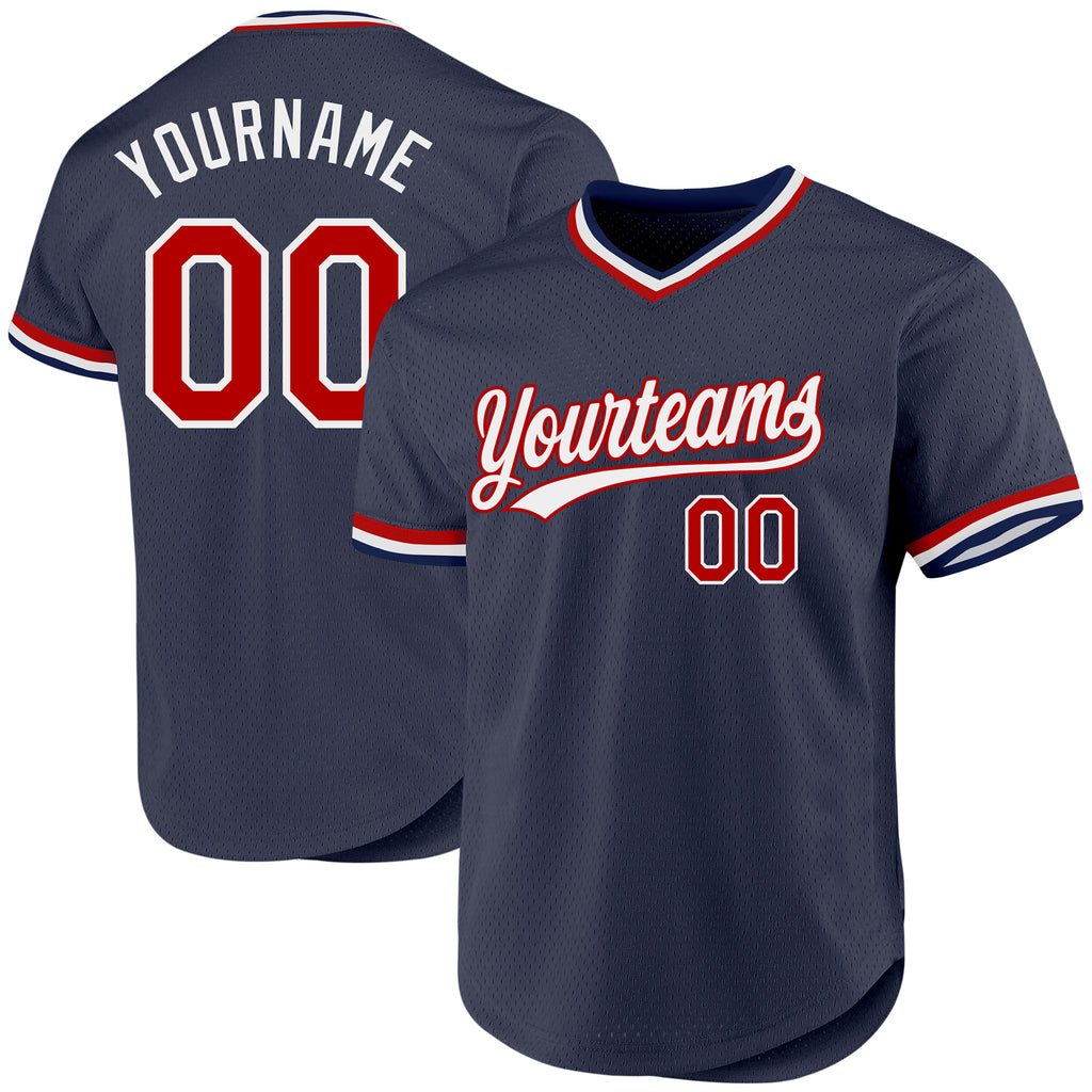 Custom Navy Red-White Authentic Throwback Baseball Jersey