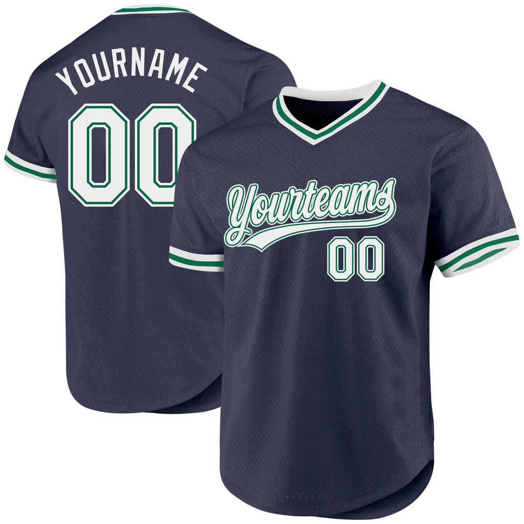 Custom Navy White-Kelly Green Authentic Throwback Baseball Jersey