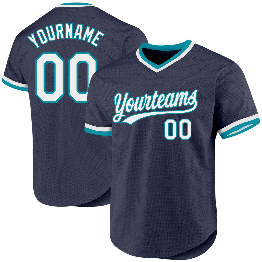 Custom Navy White-Teal Authentic Throwback Baseball Jersey