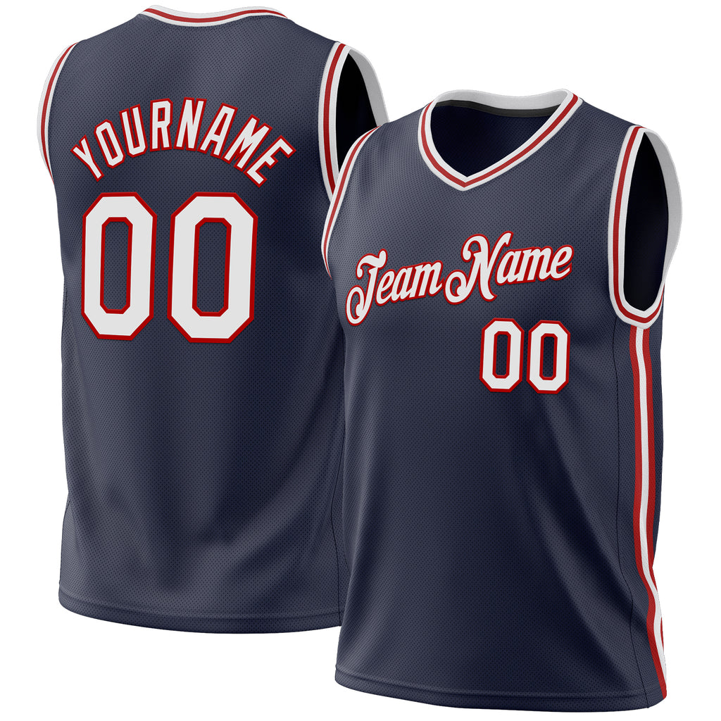 Custom Navy White-Red Authentic Throwback Basketball Jersey