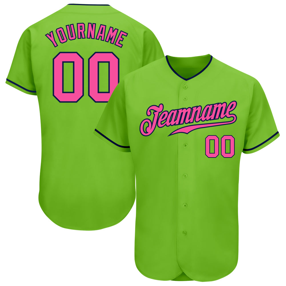 Custom Neon Green Pink-Navy Authentic Baseball Jersey