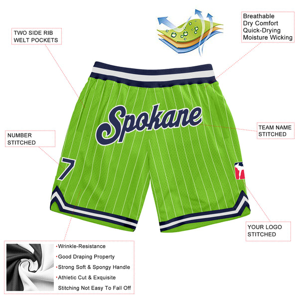 Custom Neon Green White Pinstripe Navy-White Authentic Basketball Shorts