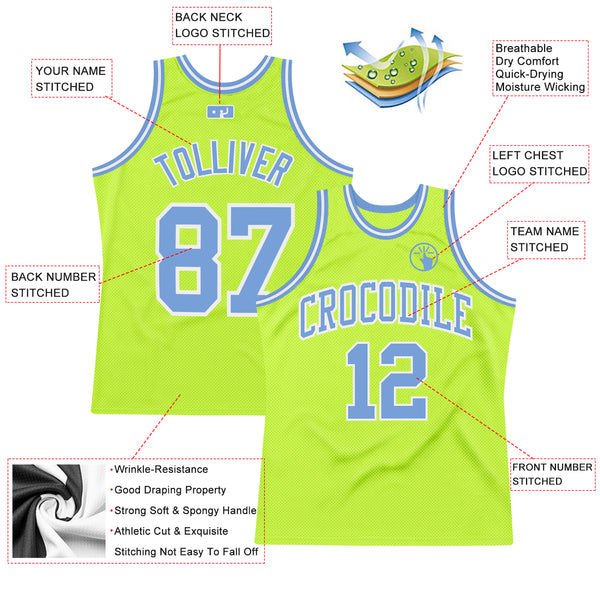 Custom Neon Green Light Blue-White Authentic Throwback Basketball Jersey