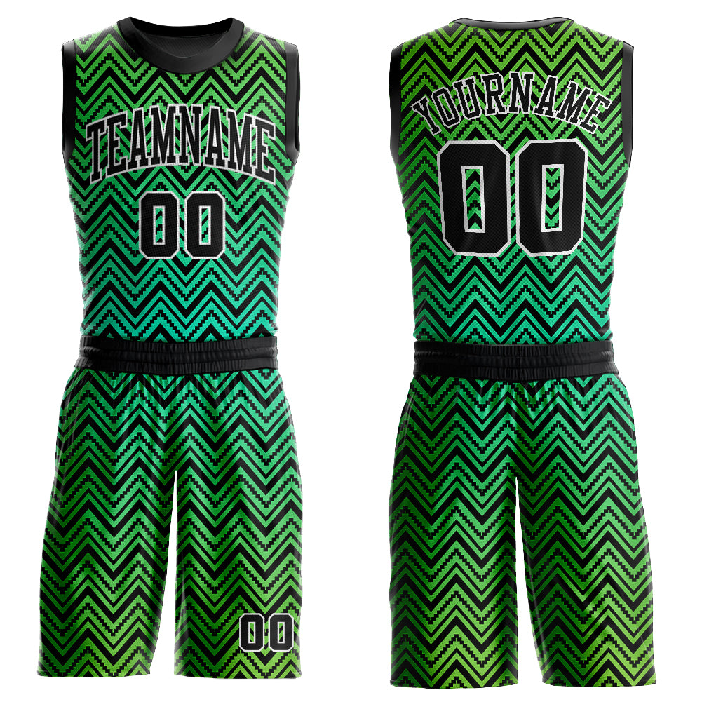 Custom Neon Green Black-White Round Neck Sublimation Basketball Suit Jersey