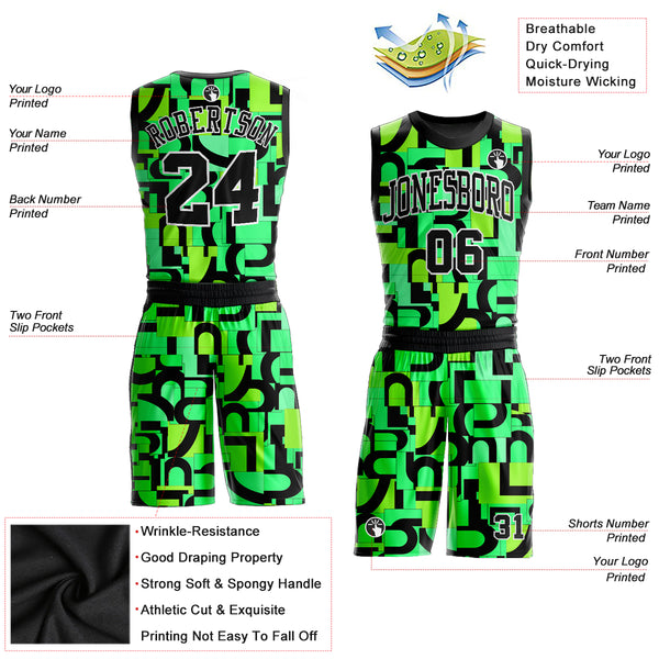 Custom Neon Green Black-White Music Festival Round Neck Sublimation Basketball Suit Jersey