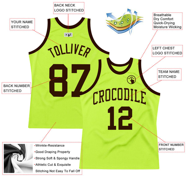 Custom Neon Green Brown Authentic Throwback Basketball Jersey