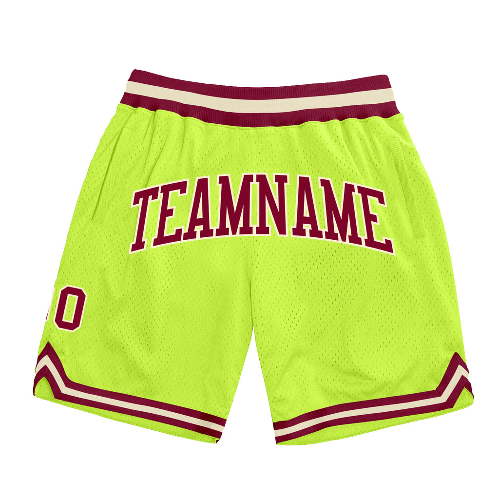 Custom Neon Green Maroon-Cream Authentic Throwback Basketball Shorts