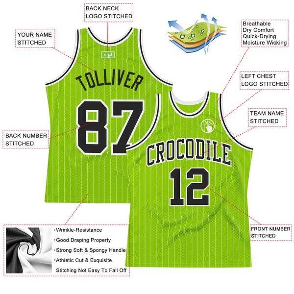 Custom Neon Green White Pinstripe Black-White Authentic Basketball Jersey