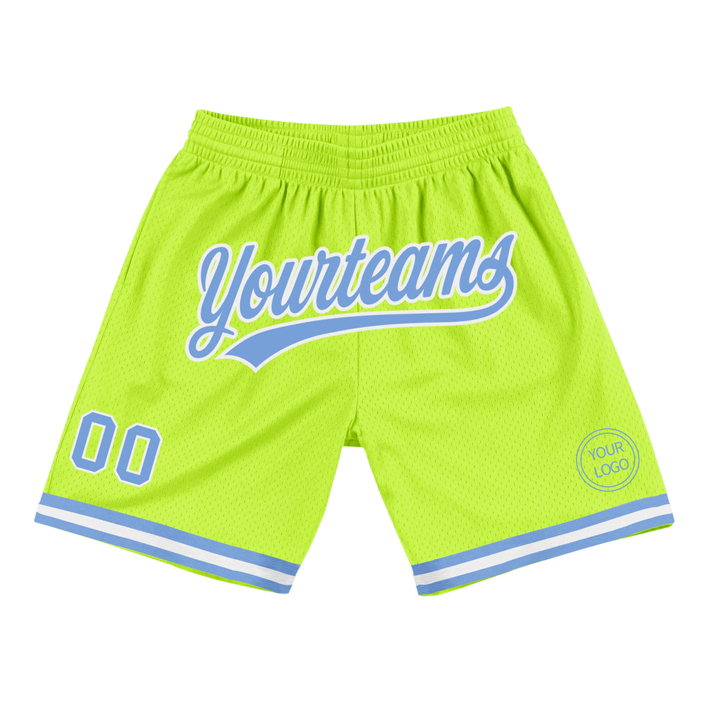 Custom Neon Green Light Blue-White Authentic Throwback Basketball Shorts