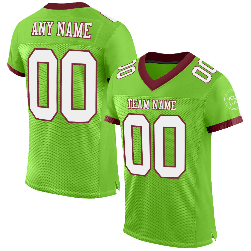 Custom Neon Green White-Burgundy Mesh Authentic Football Jersey