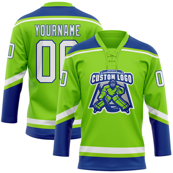 Custom Neon Green White-Royal Hockey Lace Neck Jersey