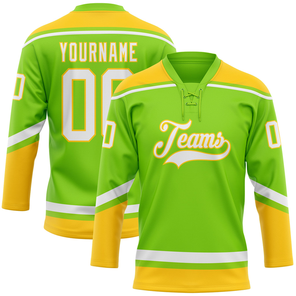 Custom Neon Green White-Yellow Hockey Lace Neck Jersey