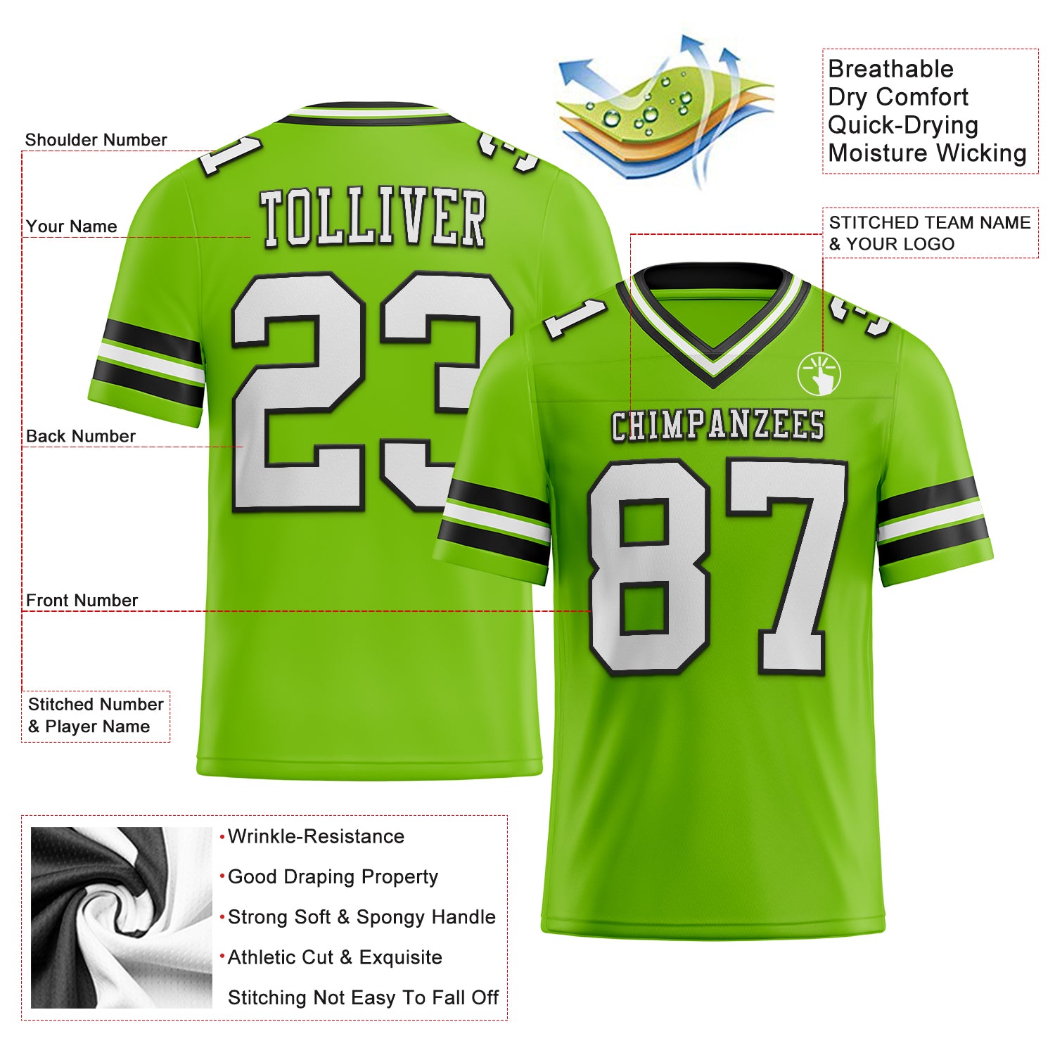 Custom Neon Green White-Black Authentic Football Jersey