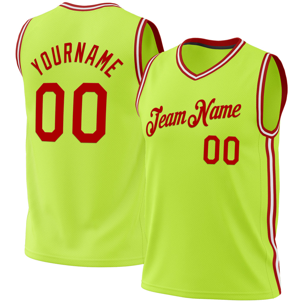 Custom Neon Green Red-White Authentic Throwback Basketball Jersey