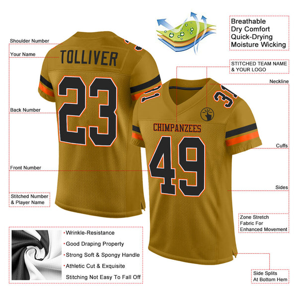 Custom Old Gold Black-Orange Mesh Authentic Football Jersey