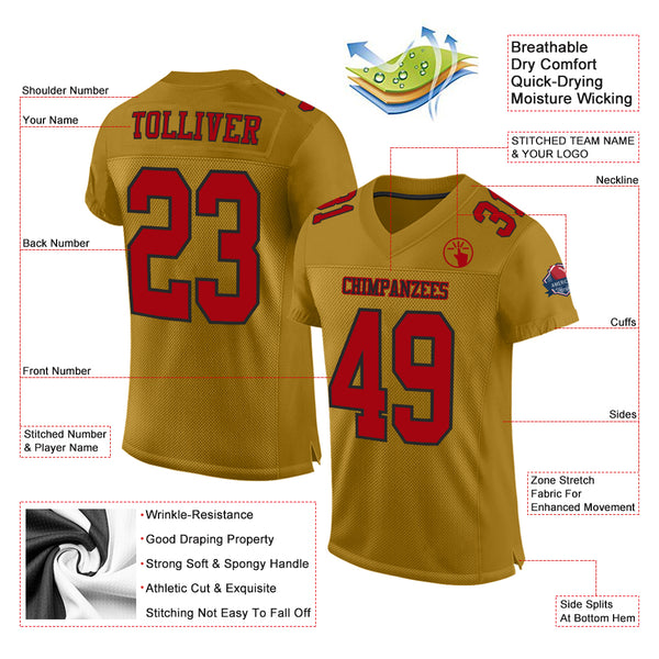 Custom Old Gold Red-Black Mesh Authentic Football Jersey