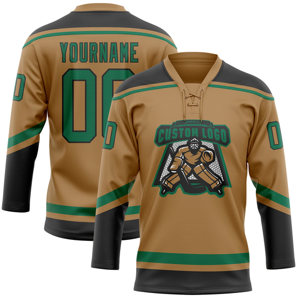 Custom Old Gold Kelly Green-Black Hockey Lace Neck Jersey