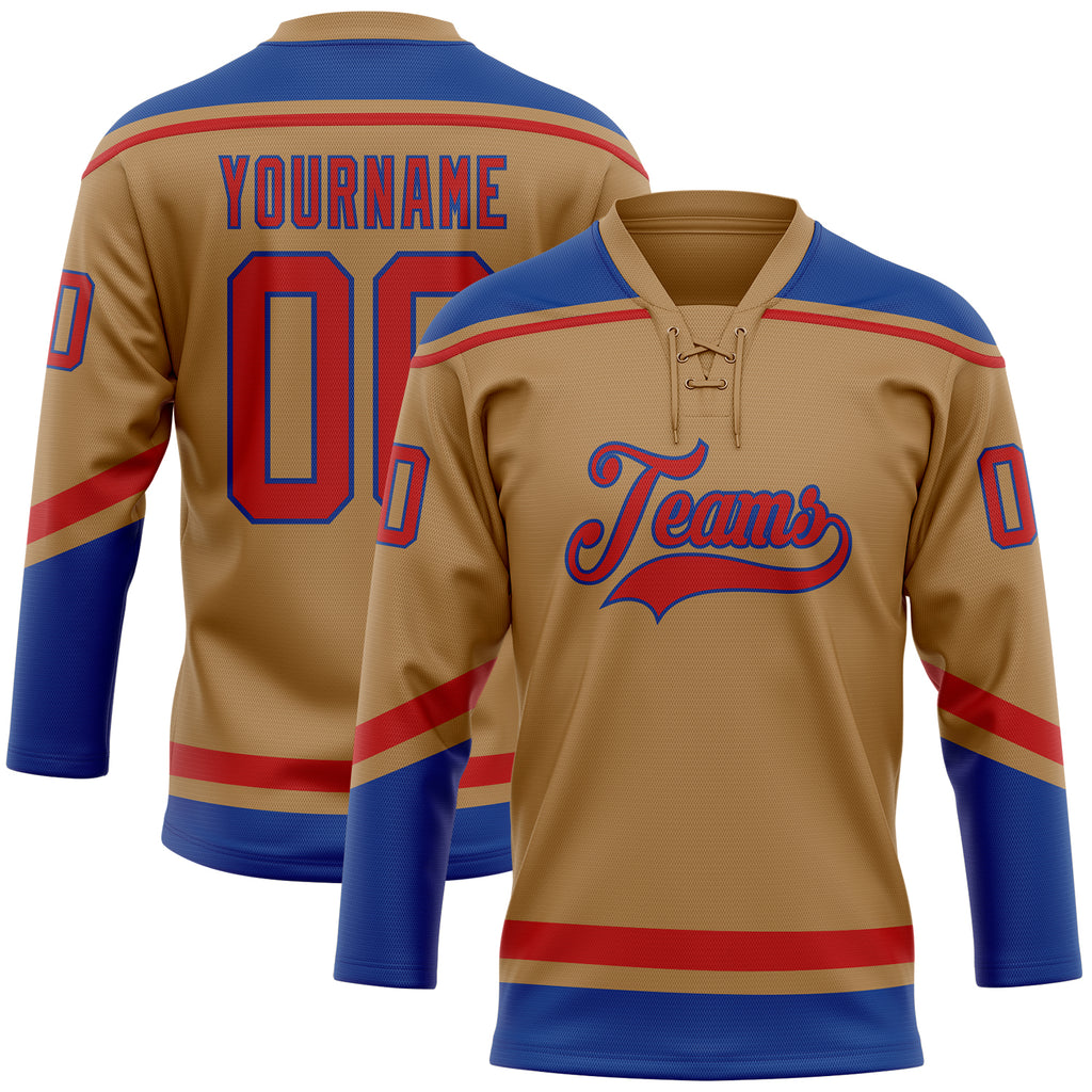 Custom Old Gold Red-Royal Hockey Lace Neck Jersey