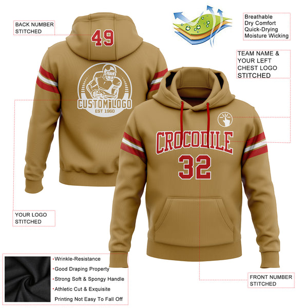 Custom Stitched Old Gold Red-White Football Pullover Sweatshirt Hoodie