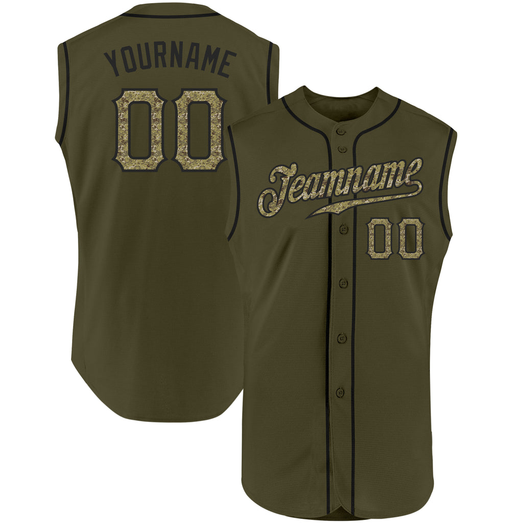 Custom Olive Camo-Black Authentic Sleeveless Salute To Service Baseball Jersey