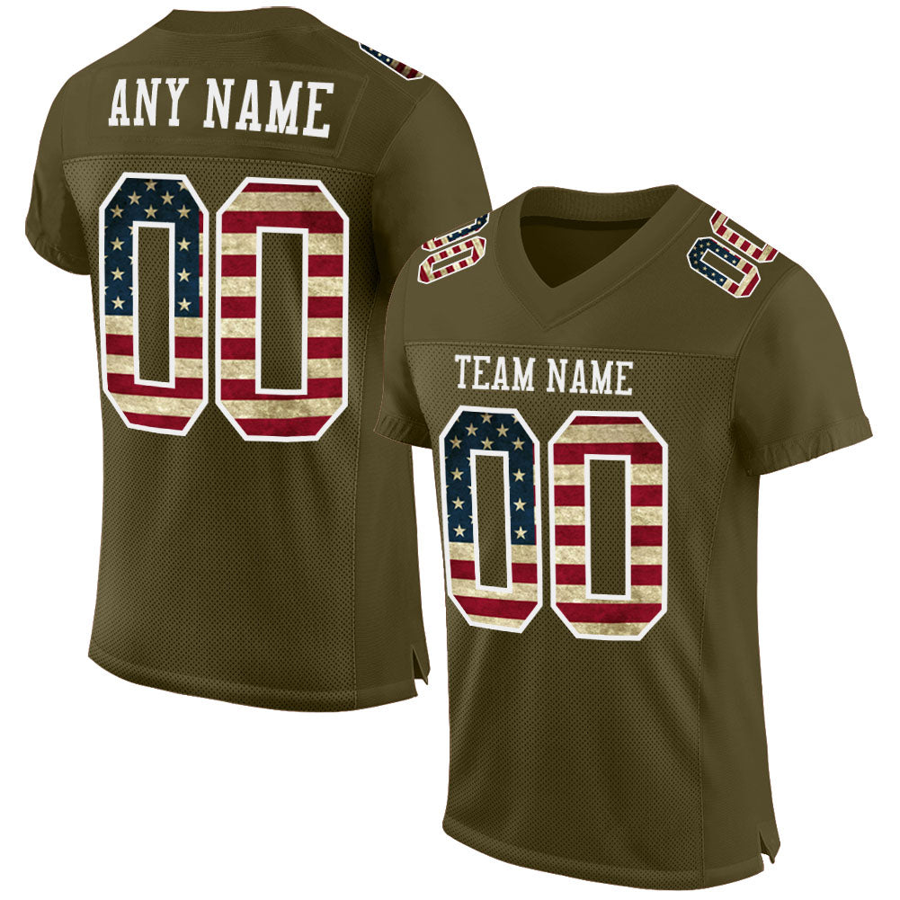 Custom Olive Vintage USA Flag-White Mesh Authentic Salute To Service Football Jersey