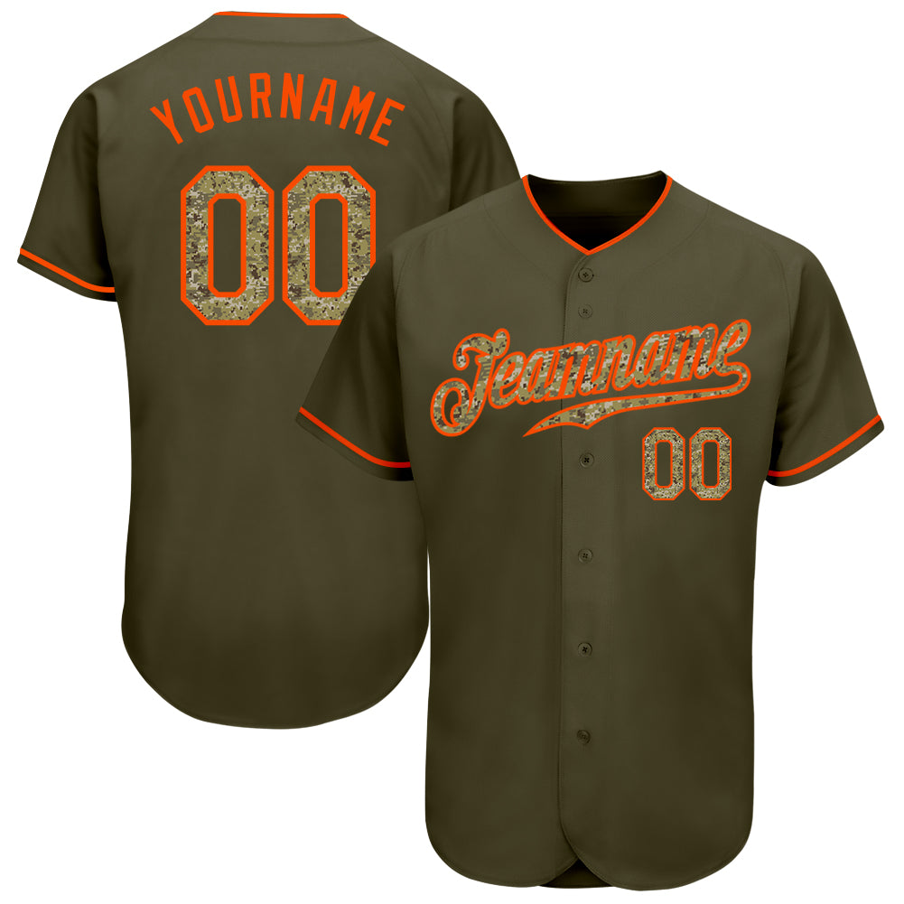 Custom Olive Camo-Orange Authentic Salute To Service Baseball Jersey