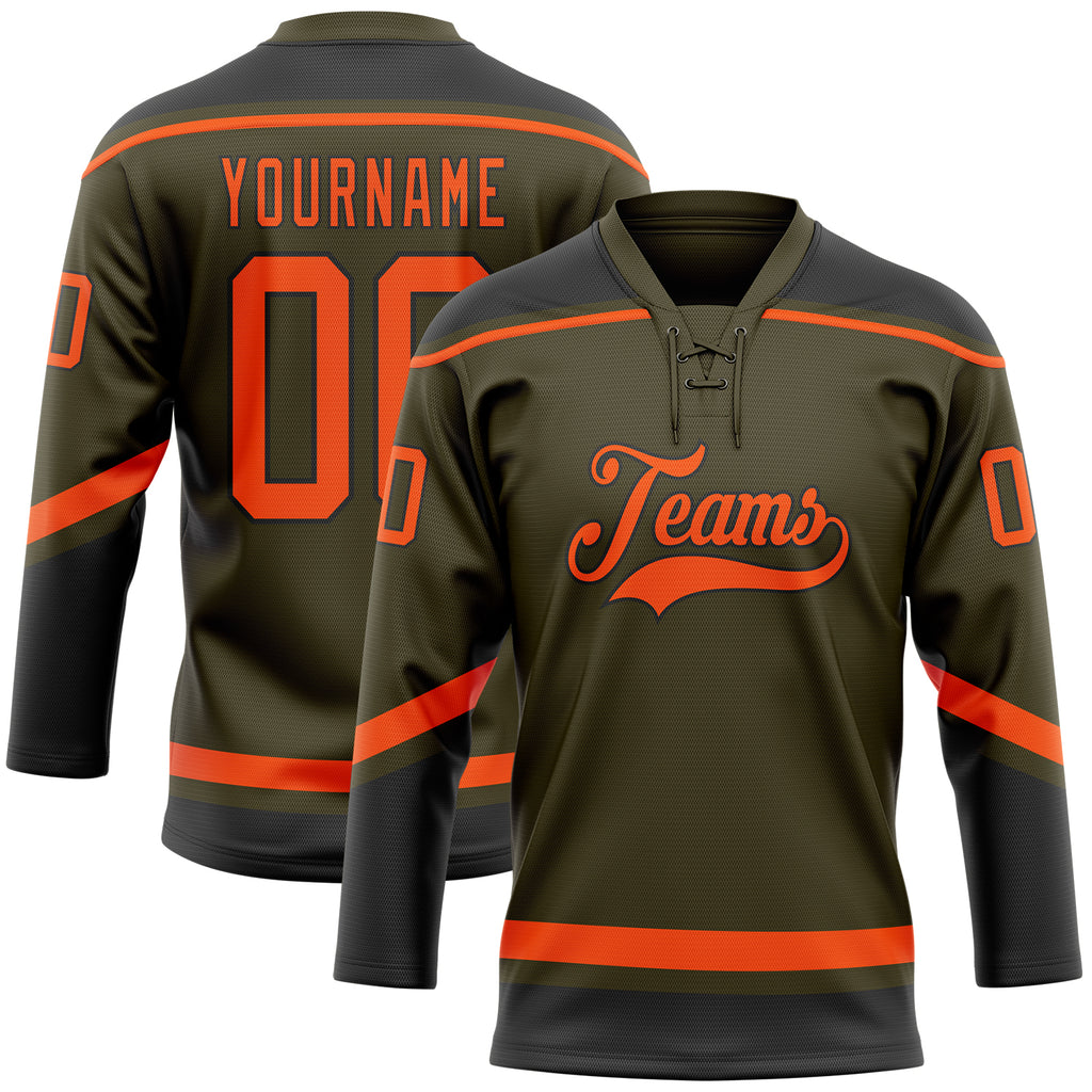 Custom Olive Orange-Black Salute To Service Hockey Lace Neck Jersey