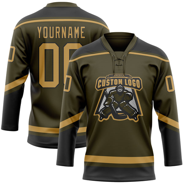 Custom Olive Old Gold-Black Salute To Service Hockey Lace Neck Jersey