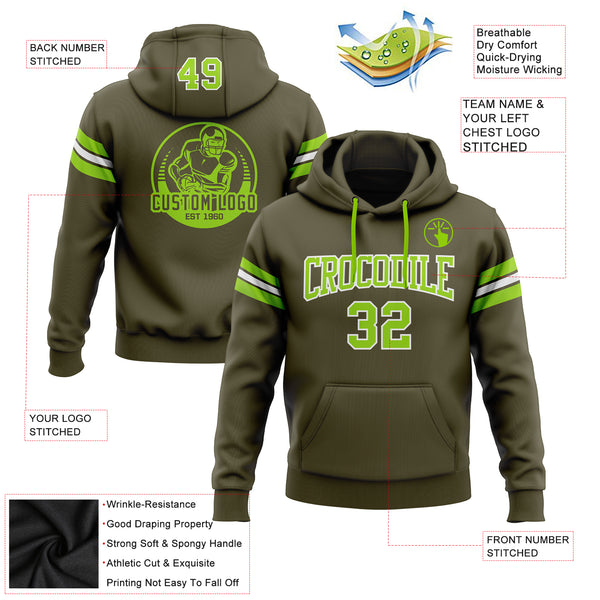 Custom Stitched Olive Neon Green-White Football Pullover Sweatshirt Salute To Service Hoodie