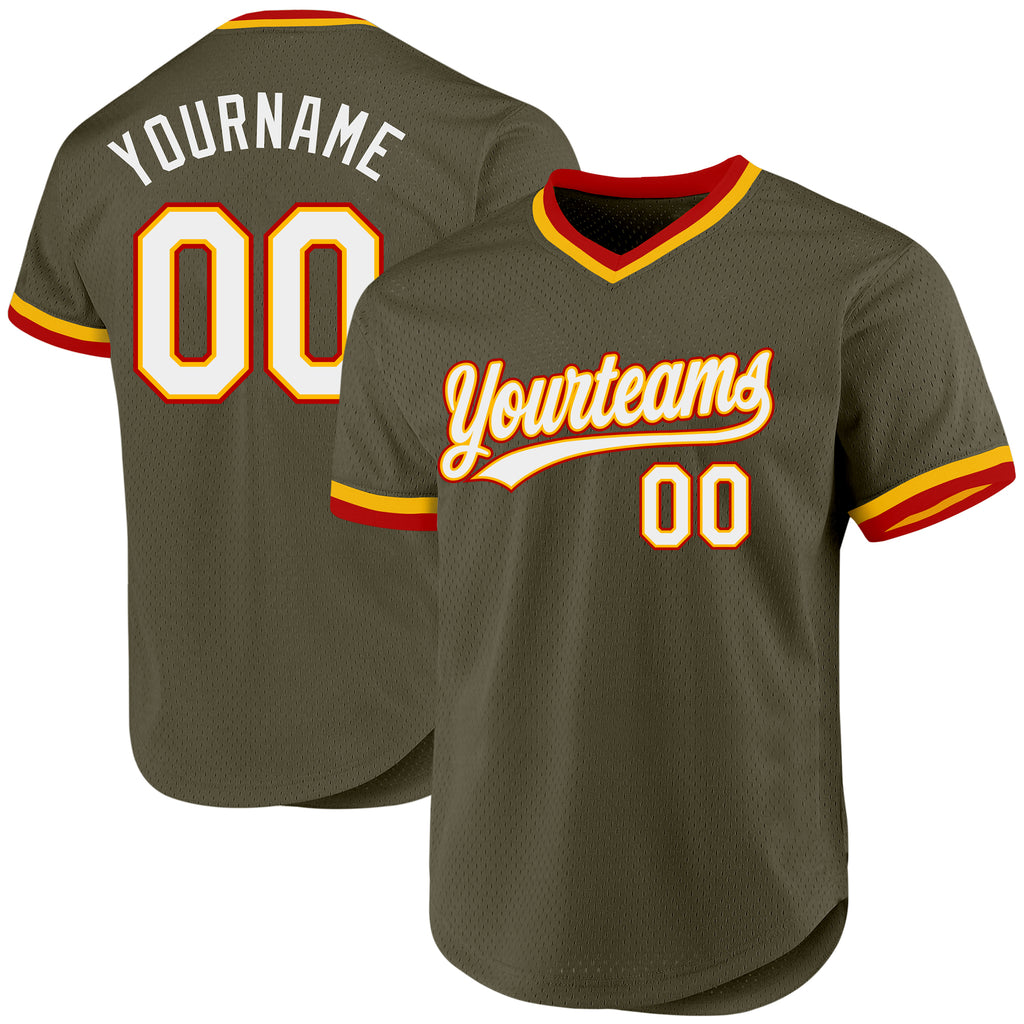 Custom Olive Gold-Red Authentic Throwback Salute To Service Baseball Jersey