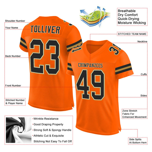 Custom Orange Black-Old Gold Mesh Authentic Football Jersey