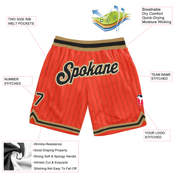 Custom Orange Black Pinstripe Black-Old Gold Authentic Basketball Shorts