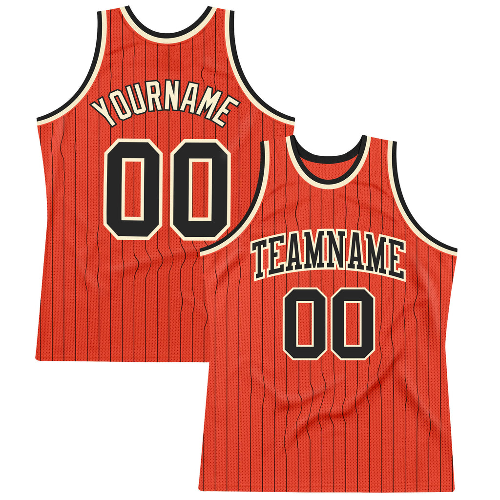 Custom Orange Black Pinstripe Black-Cream Authentic Basketball Jersey