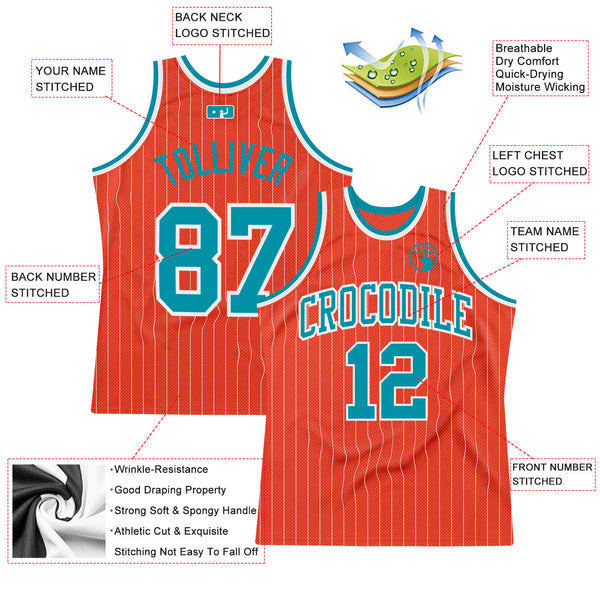 Custom Orange White Pinstripe Teal Authentic Basketball Jersey