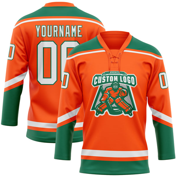 Custom Orange White-Kelly Green Hockey Lace Neck Jersey