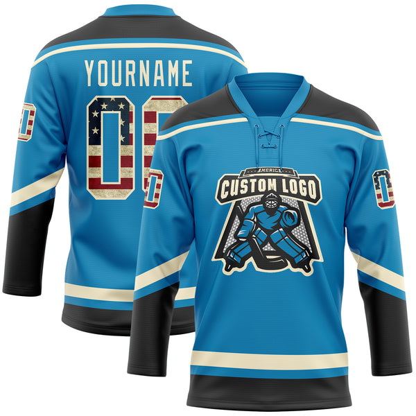 Custom Panther Blue Vintage USA Flag Black-Cream Hockey Lace Neck Jersey
