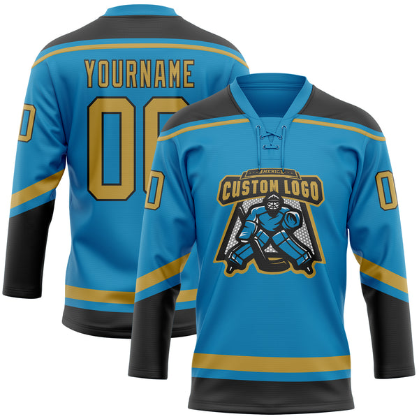 Custom Panther Blue Old Gold-Black Hockey Lace Neck Jersey