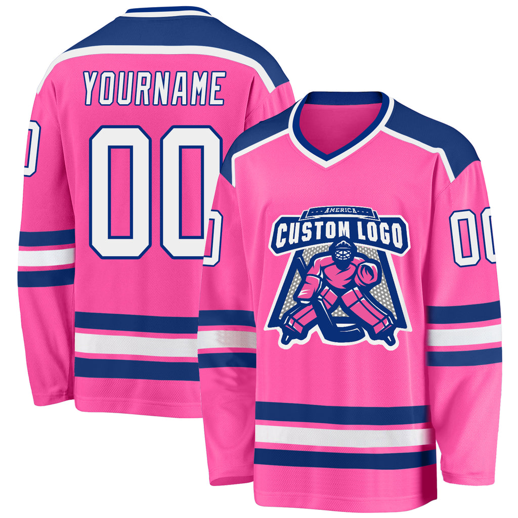 Custom Pink White-Royal Hockey Jersey