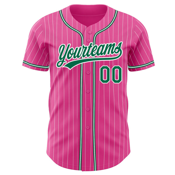 Custom Pink White Pinstripe Kelly Green Authentic Baseball Jersey