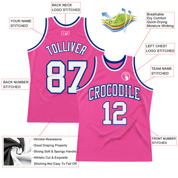 Custom Pink White-Royal Authentic Throwback Basketball Jersey