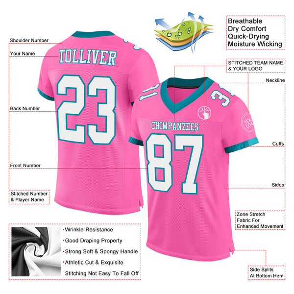 Custom Pink White-Teal Mesh Authentic Football Jersey
