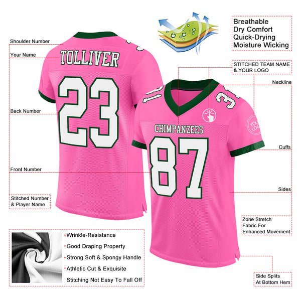 Custom Pink White-Green Mesh Authentic Football Jersey