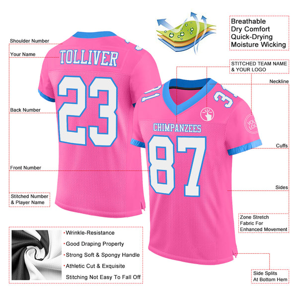 Custom Pink White-Electric Blue Mesh Authentic Football Jersey